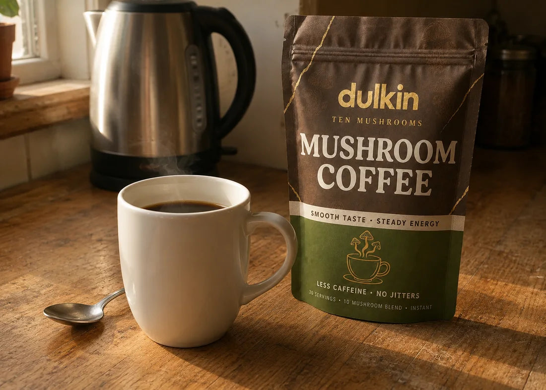 A mug of black coffee steaming on a wooden kitchen counter in morning light, a kettle behind it and a bag of dulkin beside it