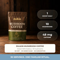 Dulkin Mushroom Coffee, a cinematic hero shot with the key facts
