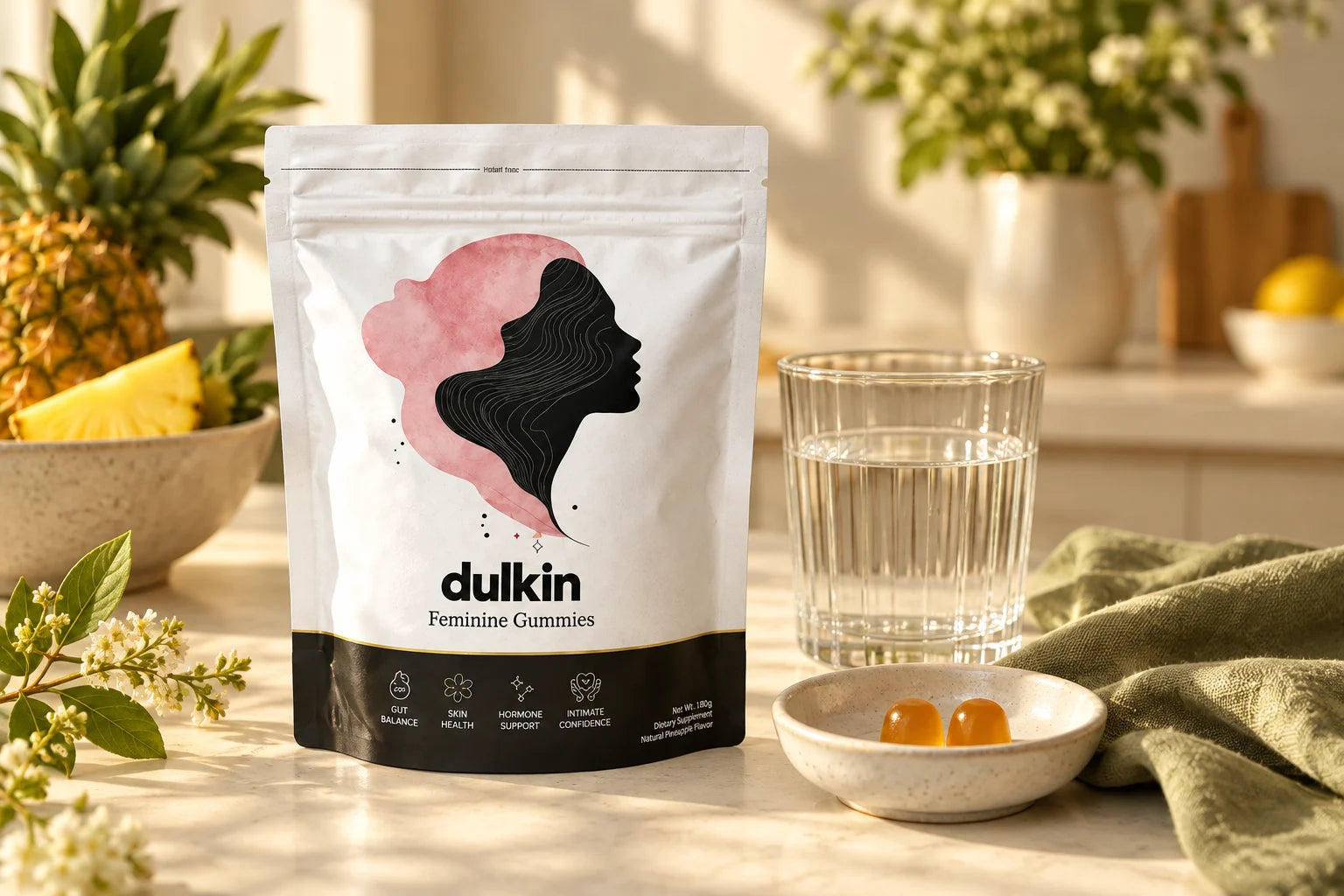 Dulkin gummy routine still life with a glass of water