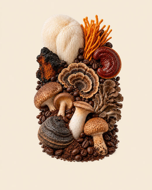 The ten mushrooms in the blend, piled with roasted coffee beans