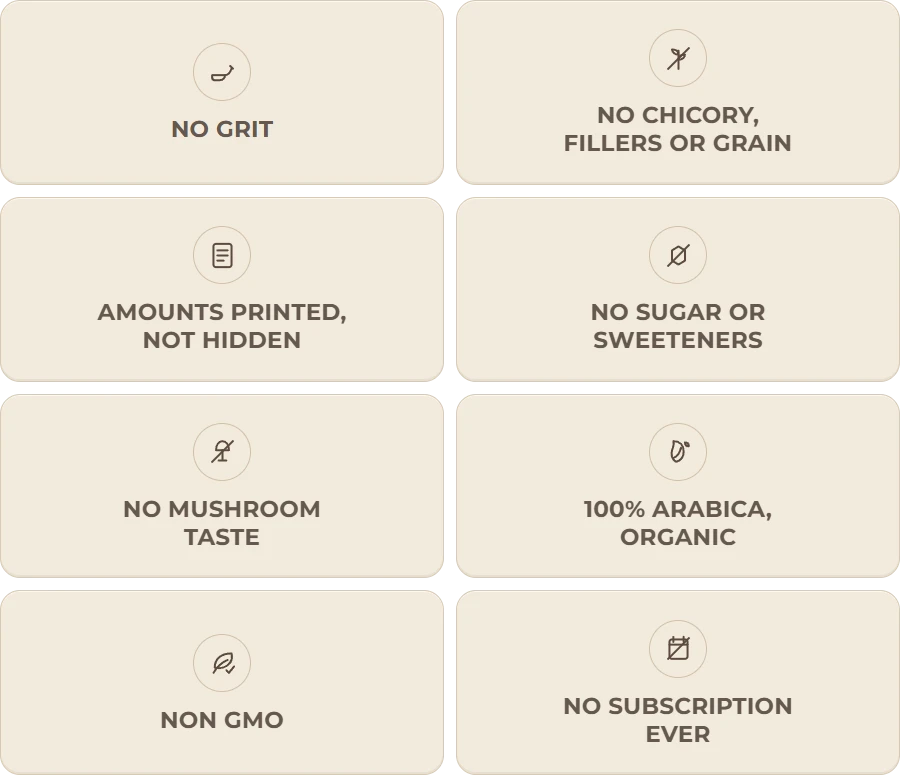 No grit. No chicory, fillers or grain. Amounts printed, not hidden. No sugar or sweeteners. No mushroom taste. 100% Arabica, organic. Non-GMO. No subscription ever.