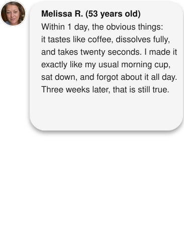 Melissa R., 53: "Day one, the obvious stuff. It tastes like coffee, it dissolves completely, it took twenty seconds. I made it exactly like my usual cup, sat down, and forgot about it all day. Three weeks later that is still true, and I have not reached for a second cup or an antacid once."