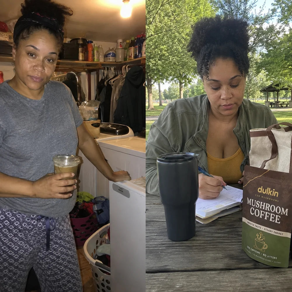 The same afternoon twice: tired and hurrying at home, then settled and working outside with a mug and a bag of dulkin